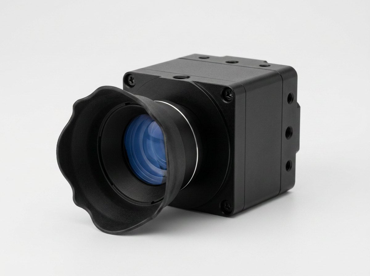 11-megapixel industrial area-scan camera with large C-mount lens and rubber lens hood