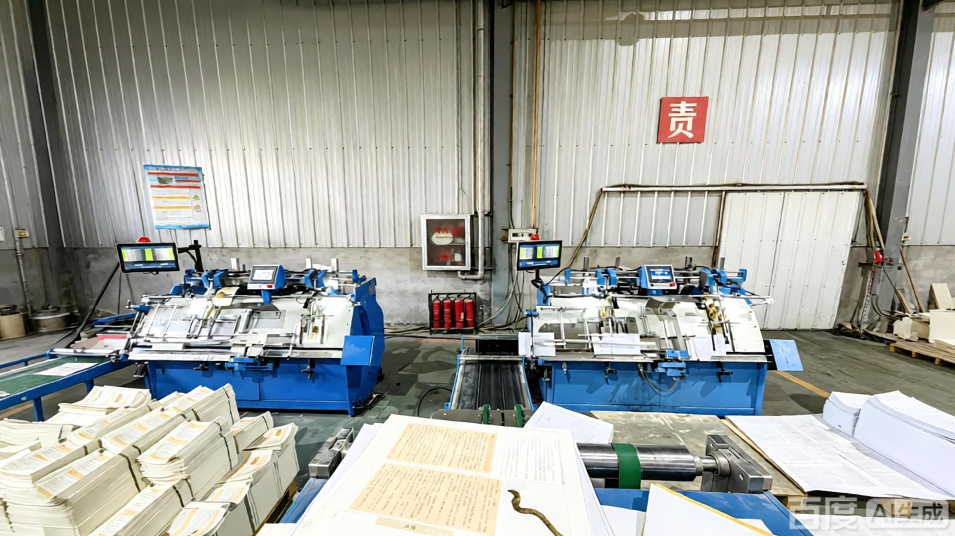 Wide view of a printing and converting plant floor with press equipment and stacked sheet loads
