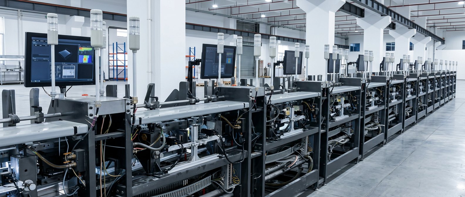 Production hall with multiple print inspection machines and operator monitors